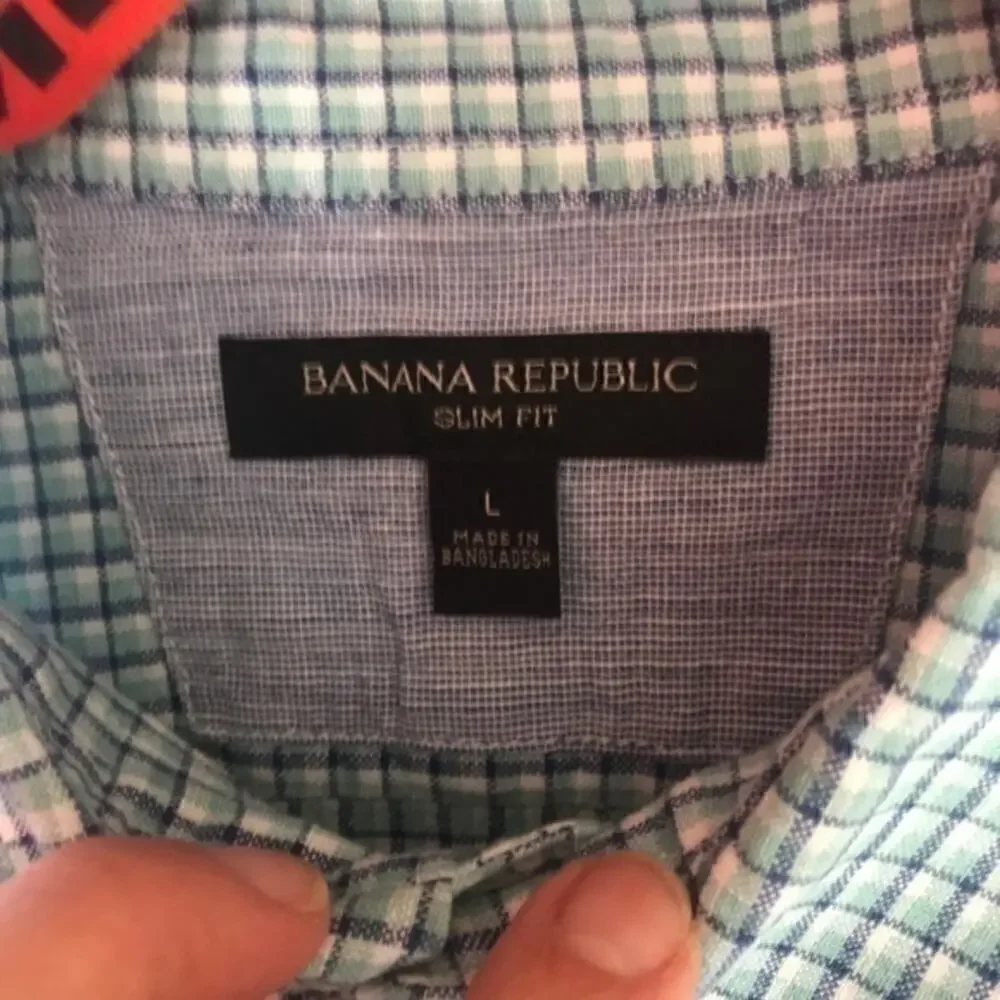 Banana Republic Slim Fit Blue & Green Plaid Linen Shirt Size Large